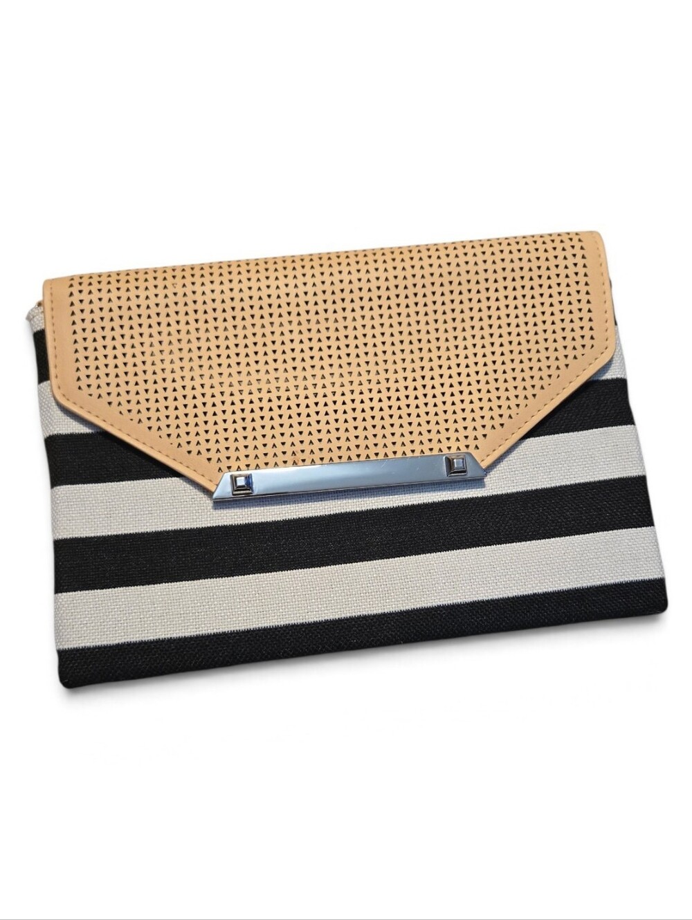 Elegant Striped Clutch with Tan Perforated Flap